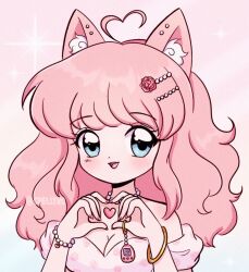 Rule 34 | 1990s (style), 1girl, ahoge, animal ears, blue eyes, blush, bracelet, breasts, cat ears, cat girl, chellyko, cleavage, dress, earrings, floral print, flower, hair flower, hair ornament, heart, heart ahoge, heart hands, highres, jewelry, looking at viewer, medium breasts, necklace, off shoulder, open mouth, original, pearl necklace, pink background, pink dress, print dress, retro artstyle, ring, sleeveless, sleeveless dress, smile, sparkle, standing, tamagotchi, teeth, upper body