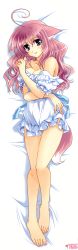 Rule 34 | 10s, 1girl, absurdres, ahoge, animal ears, apron, bare legs, barefoot, bed sheet, blush, breasts, cleavage, dakimakura (medium), dog days, dog ears, dog girl, dog tail, feet, from above, highres, kanna (plum), long hair, long image, lying, millhiore f. biscotti, nail polish, naked apron, on back, pink hair, pink nails, purple eyes, solo, tail, tall image, thigh gap, toenail polish, toenails, toes