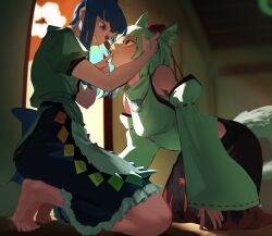 Rule 34 | 2girls, :d, absurdres, animal ears, apron, bare shoulders, black skirt, blue bow, blue eyes, blue hair, blue skirt, bow, breasts, ceiling, ceiling light, closed mouth, frilled skirt, frills, grin, hat, highres, hinanawi tenshi, hotoke party, indoors, inubashiri momiji, japanese clothes, kneeling, long hair, medium breasts, multiple girls, open mouth, pom pom (clothes), rainbow gradient, red eyes, red skirt, ribbon-trimmed sleeves, ribbon trim, rope, shirt, short hair, short sleeves, skirt, smile, tail, teeth, tokin hat, touhou, translation request, two-tone skirt, waist apron, waist bow, white apron, white hair, white shirt, white sleeves, wolf ears, wolf girl, wolf tail