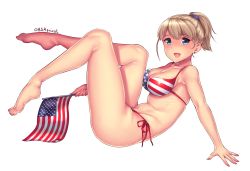 Rule 34 | 1girl, american flag, american flag bikini, american flag print, barefoot, bikini, blue eyes, breasts, brown hair, bsapricot, flag print, full body, intrepid (kancolle), kantai collection, large breasts, looking at viewer, open mouth, plantar flexion, ponytail, print bikini, short hair, side-tie bikini bottom, simple background, smile, solo, swimsuit, twitter username, white background