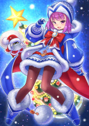 Rule 34 | 1girl, ankh, badge, beanie, blue coat, blue dress, blue footwear, blue gloves, blue hat, boots, bow, breasts, christmas tree, coat, colonel olcott (fate), dress, fate/grand order, fate/grand order arcade, fate (series), fur-trimmed coat, fur-trimmed dress, fur trim, gloves, hat, helena blavatsky (christmas) (fate), helena blavatsky (fate), large bow, long sleeves, looking at viewer, nyantiu, open mouth, pantyhose, purple eyes, purple hair, red bow, sack, short hair, small breasts, smile, snowing, solo, v