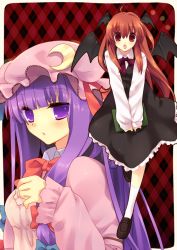 Rule 34 | 2girls, :o, bad id, bad pixiv id, female focus, hand on another&#039;s chest, hand on own chest, koakuma, multiple girls, nekoiro, patchouli knowledge, plaid, purple eyes, purple hair, red eyes, red hair, embodiment of scarlet devil, tokira nozumi, touhou, v arms