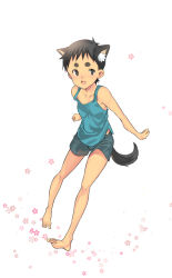 Rule 34 | 1boy, animal ears, barefoot, black eyes, black hair, blush, coin rand, eyebrows, looking at viewer, male focus, open mouth, original, short hair, shorts, smile, solo, tail, tank top