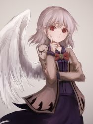 Rule 34 | 1girl, absurdres, bad id, bad pixiv id, bow, bowtie, braid, dress, feathered wings, french braid, grey background, hand on own cheek, hand on own face, highres, jacket, kishin sagume, long sleeves, looking at viewer, open clothes, open jacket, purple dress, red eyes, short hair, silver hair, simple background, single wing, solo, thkani, touhou, white wings, wings