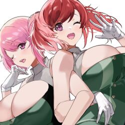 Rule 34 | 2girls, aku no onna kanbu: perigee new moon, arrow (tamawo222), breasts, character request, cleavage cutout, clothing cutout, collar, dress, gloves, green dress, large breasts, locked arms, multiple girls, one eye closed, open mouth, pink eyes, pink hair, red hair, short hair, swept bangs, upper body, white background, white collar, white gloves
