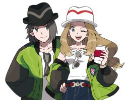 1boy 1girl ;d black_hat blonde_hair calem_(pokemon) closed_mouth cosplay creatures_(company) cup disposable_cup eyelashes eyewear_hang female_protagonist_(pokemon_legends:_z-a) female_protagonist_(pokemon_legends:_z-a)_(cosplay) game_freak green_jacket grey_eyes hat holding holding_cup jacket long_hair looking_at_viewer male_protagonist_(pokemon_legends:_z-a) male_protagonist_(pokemon_legends:_z-a)_(cosplay) nintendo off_shoulder one_eye_closed open_mouth pokemon pokemon_legends:_z-a pokemon_xy serena_(pokemon) shirt sidelocks smile sunglasses teeth tongue uni_(unnny) unworn_eyewear upper_teeth_only white_hat white_shirt