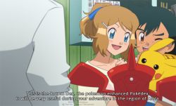 Rule 34 | 1girl, 2boys, :d, ;d, ash ketchum, black hair, blue eyes, blush, brown eyes, commentary, cosplay, creatures (company), english commentary, eyelashes, fake screenshot, game freak, gen 1 pokemon, gen 4 pokemon, hair ornament, hairclip, hand up, indoors, lab coat, light brown hair, multiple boys, nintendo, noelia ponce, one eye closed, open mouth, pikachu, pokemon, pokemon (anime), pokemon sm, pokemon sm (anime), pokemon xy (anime), rotom, rotom dex, selene (pokemon), selene (pokemon) (cosplay), shirt, short sleeves, smile, subtitled, tongue, yellow shirt