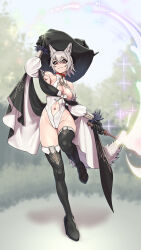 Rule 34 | 1girl, :3, alternate costume, animal ears, bare shoulders, black gloves, boots, breasts, cleavage, cleavage cutout, clothing cutout, detached sleeves, full body, gloves, grey hair, hat, high heel boots, high heels, highleg, highleg leotard, highres, holding, holding clothes, holding hat, holding wand, inubashiri momiji, large breasts, leotard, long sleeves, looking at viewer, lyoung0j, magic, navel cutout, puffy sleeves, red eyes, short hair, smile, solo, sparkle, standing, standing on one leg, tail, thigh boots, touhou, wand, wide brim, witch, witch hat, wolf ears, wolf tail