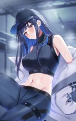 Rule 34 | 1girl, absurdres, bare shoulders, baseball cap, black hair, black hat, black pants, black shirt, blue archive, blue eyes, blue hair, breasts, closed mouth, colored inner hair, crop top, hat, hatsuno xxx, heavy breathing, highres, jacket, large breasts, long hair, looking at viewer, midriff, multicolored hair, navel, off shoulder, open clothes, open jacket, pants, saori (blue archive), shirt, sidelocks, sleeveless, sleeveless shirt, solo, stomach, sweat, white jacket