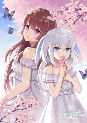 Rule 34 | 2girls, animal, bare shoulders, blue eyes, braid, branch, breasts, brown hair, bug, butterfly, character request, cherry blossoms, collarbone, commentary request, copyright name, covered mouth, day, dress, flower, food, hair between eyes, hands up, hitsuki rei, holding, holding food, insect, long hair, looking at viewer, looking back, medium breasts, multiple girls, off-shoulder dress, off shoulder, outdoors, pink flower, purple eyes, silver hair, snowdreams -lost in winter-, spring (season), very long hair, white dress