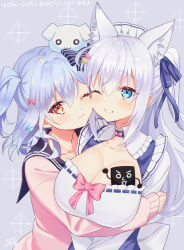 Rule 34 | 1boy, 1girl, animal ear fluff, animal ears, black bow, black sailor collar, blue eyes, blue hair, blush, bow, breasts, cardigan, cat ears, cleavage, collarbone, commentary request, dog hair ornament, frills, hair bow, hair ornament, hair ribbon, highres, hug, inuyama tamaki, large breasts, long hair, long sleeves, looking at viewer, noripro, okanoyuno, one eye closed, orange eyes, pink cardigan, ribbon, sailor collar, shirayuki mishiro, silver hair, smile, striped, striped bow, trap, virtual youtuber