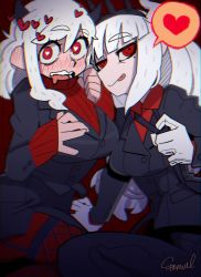2girls, artist name, black horns, black jacket, black legwear, black miniskirt, black pants, black skirt, black suit, blurry, blush, breasts, business suit, chromatic aberration, collared shirt, curly hair, demon girl, demon horns, eyebrows visible through hair, formal, gloves, hair ornament, hand on breast, hands on own breasts, heart, heart-shaped pupils, helltaker, highres, horns, jacket, large breasts, long hair, long sleeves, looking at viewer, lucifer (helltaker), medium breasts, medium hair, miniskirt, modeus (helltaker), mole, mole under eye, multiple girls, pants, pantyhose, red background, red eyes, red legwear, red shirt, red sweater, ribbed shirt, saliva, shirt, short hair, simple background, sitting, skirt, sleeves past wrists, sparrowl, speech bubble, standing, suit, sweater, symbol-shaped pupils, thighhighs, tongue, tongue out, turtleneck, undressing, white gloves, white hair, white horns