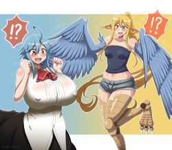 Rule 34 | !?, 2girls, ahoge, animal ears, ascot, bare shoulders, bird legs, black skirt, blonde hair, blue background, blue eyes, blue feathers, blue hair, blue wings, blush, body switch, breasts, centaur, centorea shianus, collarbone, collared shirt, commentary request, covered erect nipples, cowboy shot, feathered wings, feathers, flying sweatdrops, gradient background, grey shorts, groin, hair between eyes, hands up, harpy, head swap, highres, horse ears, huge breasts, kuro-bee, long hair, long skirt, midriff, monster girl, monster musume no iru nichijou, multiple girls, multiple legs, navel, open mouth, papi (monster musume), personality switch, pointy ears, ponytail, red ascot, shirt, short hair, short shorts, shorts, sidelocks, skirt, sleeveless, sleeveless shirt, small breasts, spoken interrobang, standing, strapless, strapless shirt, sweat, talons, taur, teeth, two-tone background, upper teeth only, very long hair, white shirt, winged arms, wings, yellow background, yellow eyes