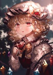 Rule 34 | 1girl, blonde hair, blush, bow, bowtie, commentary request, crystal, dress, flandre scarlet, frilled shirt collar, frills, hair ornament, hand up, hat, hat bow, heart, heart hair ornament, highres, holding, holding heart, lace trim, long sleeves, looking at viewer, majamari, mob cap, parted lips, red dress, red eyes, shirt, short hair, smile, solo, touhou, upper body, white hat, white shirt, wings, yellow bow, yellow bowtie
