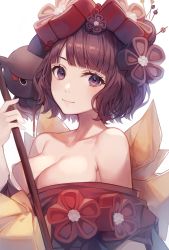 Rule 34 | 1girl, ayuanlv, back bow, black flower, black kimono, blunt bangs, blush, bow, breasts, brown hair, cleavage, closed mouth, creature, fate/grand order, fate (series), flower, hair flower, hair ornament, holding, japanese clothes, katsushika hokusai (fate), kimono, kimono pull, large bow, looking at viewer, medium breasts, octopus, off shoulder, purple eyes, red flower, short hair, simple background, smile, solo focus, tokitarou (fate), upper body, white background, yellow bow