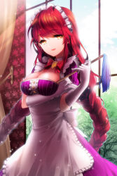 Rule 34 | 1girl, aile (crossroads), alternate costume, apron, bow, braid, breasts, cleavage, curtains, duster, feather duster, frills, gloves, holding, long hair, maid, maid apron, maid headdress, mother demon (sword girls), orange eyes, pinstripe pattern, red hair, ribbon, smile, solo, striped, swept bangs, sword girls, twin braids, very long hair, window