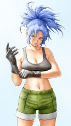 Rule 34 | 1girl, adjusting clothes, adjusting gloves, bare shoulders, black tank top, blue eyes, blue hair, breasts, cleavage, closed mouth, collarbone, commentary request, gloves, gradient background, green shorts, highres, leona heidern, lips, looking at viewer, midriff, navel, shorts, simple background, sleeveless, solo, stomach, tank top, the king of fighters, x chitch
