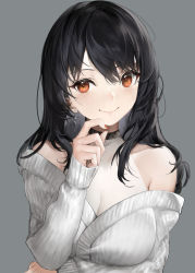 Rule 34 | 1girl, bare shoulders, black hair, blush, breasts, cardigan, cleavage, closed mouth, earrings, fingernails, grey background, grey cardigan, hand on own face, haori io, highres, jewelry, large breasts, long fingernails, long hair, long sleeves, looking at viewer, nail polish, off shoulder, open cardigan, open clothes, original, red eyes, red nails, simple background, single earring, smile, solo, upper body