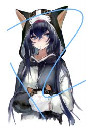 Rule 34 | 1girl, animal hood, arknights, black hair, black sweater, blaze (arknights), blue eyes, cat girl, cat hood, hair between eyes, hairband, highres, hood, hood up, hooded sweater, long hair, long sleeves, looking at viewer, mikilo re, mouth hold, official alternate costume, red hairband, simple background, solo, sweater, two-tone sweater, upper body, white background, white sweater