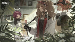 Rule 34 | 3girls, angelina (arknights), animal ears, arknights, bird, black coat, black gloves, black shirt, blurry, blurry foreground, box, brown hair, cardboard box, carrying, coat, collar, copyright name, cow horns, croissant (arknights), crop top, depth of field, detached wings, duck, duckling, energy wings, exusiai (arknights), fingerless gloves, flower, fox ears, fur-trimmed coat, fur trim, gloves, green eyes, grey gloves, hair over one eye, hairband, halo, high collar, highres, horns, indoors, infection monitor (arknights), long sleeves, low ponytail, multiple girls, official art, open clothes, open coat, orange hair, parted lips, penguin logistics logo, purple hair, red eyes, shirt, short hair, short sleeves, sidelocks, sideways mouth, twintails, two-tone hairband, welding mask, white coat, white flower, wings, zhibuji loom