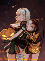Rule 34 | 2girls, :o, absurdres, black dress, black gloves, black hoodie, breasts, bucket, candy, claws, cleavage, closed mouth, dress, fang, food, fz ruoye, gloves, hair between eyes, halloween, halloween bucket, halloween costume, headband, highres, holding, holding bucket, holding food, homu (honkai impact), honkai (series), honkai impact 3rd, hood, hoodie, looking at viewer, multiple girls, one eye closed, open mouth, orange eyes, pale skin, pumpkin, short hair, short sleeves, white eyes, white hair, zombie, zombie (honkai impact 3)
