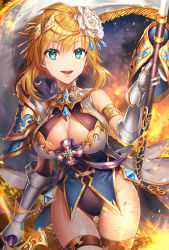 Rule 34 | 1girl, :d, aqua eyes, armor, bad id, bad pixiv id, blonde hair, breasts, brown leotard, cape, cleavage, commentary request, cowboy shot, fire, fringe trim, gauntlets, hair ornament, holding, holding weapon, kamuinii, large breasts, leotard, looking at viewer, open mouth, original, pauldrons, polearm, short hair, shoulder armor, single pauldron, smile, solo, standing, thigh strap, thighs, weapon