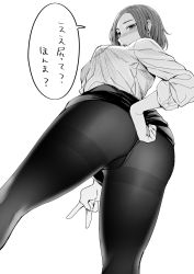 Rule 34 | 1girl, absurdres, ass, blush, from below, greyscale, hand on own hip, highres, kyuuso inukami, medium hair, monochrome, original, pantyhose, solo, thighband pantyhose, translated, v, white background