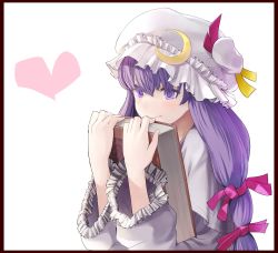 Rule 34 | 1girl, bad id, bad pixiv id, book, hugging book, border, chirigami-san, colored eyelashes, crescent, crescent moon, expressionless, eyelashes, female focus, hat, heart, holding, holding book, long hair, moon, hugging object, patchouli knowledge, purple eyes, purple hair, solo, touhou