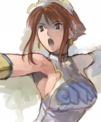 Rule 34 | 1girl, armpits, b suke, bare shoulders, breasts, brown eyes, brown hair, chai xianghua, faux traditional media, open mouth, outstretched arms, short hair, solo, soul calibur, soulcalibur ii, spread arms, upper body