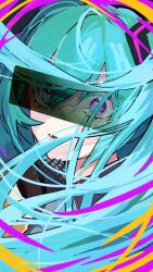 Rule 34 | 1girl, alternate eye color, bad id, bad twitter id, bar censor, blue background, blue hair, censored, floating hair, hatsune miku, highres, identity censor, inactive account, long hair, looking at viewer, looking back, onion jounouchi, open mouth, purple eyes, solo, tokumei m (vocaloid), translucent, twintails, upper body, vocaloid, wide-eyed