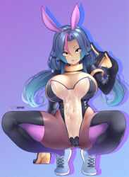 Rule 34 | 1girl, animal ears, aqua hair, black gloves, blue background, blue footwear, blue hair, breasts, cleavage, commentary, covered navel, cross-laced footwear, english commentary, fake animal ears, full body, gloves, gradient background, gradient hair, highres, hot vr, large breasts, leotard, long hair, looking at viewer, meme attire, multicolored hair, original, patreon username, pink hair, playboy bunny, purple background, rabbit ears, solo, squatting, streaked hair, translucent bunnysuit, yellow eyes, zoey (kurozoku)