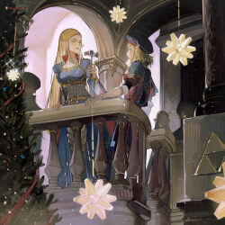 Rule 34 | 1boy, 1girl, akihare, arch, artist name, balcony, binoculars, blonde hair, blue dress, blue headwear, braid, braided bangs, breasts, christmas ornaments, christmas tree, commentary, crown braid, dress, earrings, english commentary, faceless, gloves, green eyes, half updo, hand up, highres, jewelry, layered sleeves, light particles, link, long hair, long sleeves, looking at another, looking to the side, medium breasts, nintendo, opera glasses, pine tree, pointy ears, princess zelda, profile, puffy short sleeves, puffy sleeves, railing, rope, royal guard set (zelda), short over long sleeves, short sleeves, smile, sparkle, standing, the legend of zelda, the legend of zelda: breath of the wild, tree, white gloves, wide sleeves
