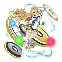 Rule 34 | 1girl, blonde hair, blue gloves, breasts, brown hair, covered navel, dress, floating hair, full body, gloves, gradient hair, hair between eyes, highres, holding, holding sword, holding weapon, leg up, long hair, looking at viewer, medium breasts, milla maxwell, multicolored hair, o-ring, red eyes, short dress, side slit, simple background, solo, sword, tales of (series), tales of xillia, two-tone hair, very long hair, weapon, white background, white dress, white legwear