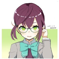 Rule 34 | 1girl, absurdres, adjusting eyewear, aqua-framed eyewear, aqua bow, aqua bowtie, bigkwl, bow, bowtie, colored inner hair, dated, green eyes, grey jacket, highres, jacket, kantai collection, looking at viewer, multicolored hair, okinami (kancolle), one-hour drawing challenge, purple hair, short hair, solo, upper body