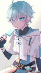 Rule 34 | 1boy, ahoge, blue eyes, blue hair, blush, chinese clothes, chongyun (genshin impact), food, genshin impact, gloves, grey background, hair between eyes, highres, holding, ice cream, jewelry, long hair, long sleeves, looking at viewer, male focus, multiple boys, open mouth, sg (under siiiiii), short hair, simple background, tongue, tongue out, twitter username