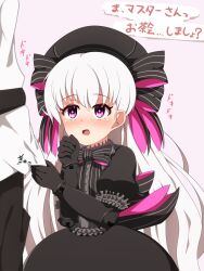 Rule 34 | 1boy, 1girl, :d, beret, black dress, black gloves, black hat, black pants, blush, commentary request, doll joints, dress, elbow gloves, fate/extra, fate/grand order, fate (series), frilled sleeves, frills, fujimaru ritsuka (male), gloves, grey hair, hair between eyes, hands up, hat, highres, jacket, joints, long hair, nose blush, nursery rhyme (fate), open mouth, pants, pink background, puffy short sleeves, puffy sleeves, purple eyes, short sleeves, simple background, smile, solo focus, translation request, very long hair, white jacket, yuya090602