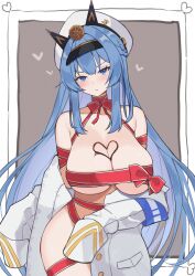 Rule 34 | 1girl, blue eyes, blue hair, blush, braid, breasts, chocolate, chocolate on body, cleavage, collarbone, commentary, cowboy shot, food on body, goddess of victory: nikke, grey background, hat, heart, helm (nikke), highres, huge breasts, jacket, leaning to the side, long hair, long sleeves, looking at viewer, naked ribbon, open clothes, open jacket, red ribbon, ribbon, sleeves past fingers, sleeves past wrists, solo, underboob, v-shaped eyebrows, very long hair, wabimochi, white background, white hat