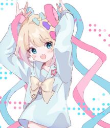 Rule 34 | 1girl, :d, arms up, blonde hair, blue eyes, blue sailor collar, blue shirt, blush, bow, bowtie, chouzetsusaikawa tenshi-chan, double fox shadow puppet, fox shadow puppet, hair bow, hands on own head, kabe (zp66104), looking at viewer, multiple hair bows, needy girl overdose, open mouth, sailor collar, school uniform, serafuku, shirt, simple background, smile, solo, teeth, upper body, upper teeth only, white background, yellow bow, yellow bowtie