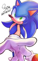 Rule 34 | 1boy, animal nose, furry, furry male, gloves, green eyes, grin, happy birthday, highres, looking at viewer, m516, male focus, open hand, simple background, smile, solo, sonic (series), sonic the hedgehog, standing, white background, white gloves