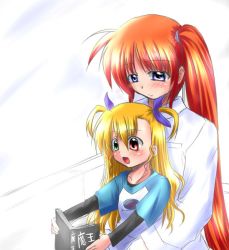 Rule 34 | 00s, 2girls, :d, age difference, ahoge, blush, book, green eyes, height difference, holding, holding book, long hair, long sleeves, lyrical nanoha, mahou shoujo lyrical nanoha, mahou shoujo lyrical nanoha strikers, misana, mother and daughter, multiple girls, open book, open mouth, orange hair, purple eyes, raglan sleeves, reading, red eyes, red hair, shirt, side ponytail, simple background, smile, t-shirt, takamachi nanoha, twintails, upper body, very long hair, vivio, white background