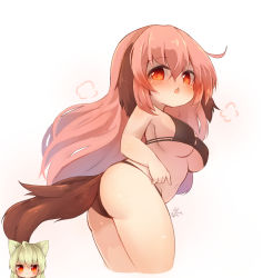 Rule 34 | 1girl, ahoge, animal ears, ass, bikini, black bikini, blush, breasts, dog ears, dog girl, dog tail, from side, highres, long hair, looking back, navel, open mouth, original, pink hair, red eyes, simple background, solo, sunapua, swimsuit, tail, thighs, white background