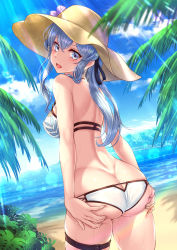 Rule 34 | 1girl, ass, ass cutout, ass grab, ass support, bikini, blue eyes, blue hair, blush, breasts, butt crack, clothing cutout, duplicate, from behind, gotland (kancolle), hair between eyes, hat, highres, kantai collection, long hair, looking at viewer, looking back, mole, mole under eye, open mouth, ryu-akt, smile, solo, sun hat, swimsuit, thighs, white bikini