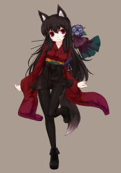 Rule 34 | 1girl, animal ears, ankle boots, black hair, black pantyhose, boots, brown hair, fang, fox ears, fox tail, grey background, hair ornament, hair stick, highres, japanese clothes, kimono, kimono skirt, ktsecond, legs, long hair, looking at viewer, original, pantyhose, print pantyhose, red eyes, simple background, smile, solo, standing, standing on one leg, tail, wide sleeves