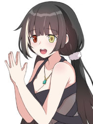 Rule 34 | 1girl, bare shoulders, black dress, black hair, breasts, cleavage, dress, girls&#039; frontline, hair ornament, hair scrunchie, heterochromia, highres, jewelry, jjuwaap, large breasts, long hair, looking at viewer, multicolored hair, necklace, official alternate costume, open mouth, own hands together, red eyes, ro635 (girls&#039; frontline), scrunchie, smile, solo, streaked hair, twintails, white background, white hair, yellow eyes
