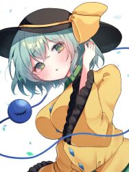Rule 34 | 1girl, alternate breast size, arm at side, black hat, blush, bow, breasts, buttons, commentary request, diamond button, eyelashes, frilled sleeves, frills, from side, green eyes, green hair, hand up, hat, hat bow, impossible clothes, koishi day, komeiji koishi, large breasts, long sleeves, looking at viewer, open mouth, shirt, short hair, simple background, siomi 403, solo, third eye, touhou, tsurime, white background, wide sleeves, yellow bow, yellow shirt