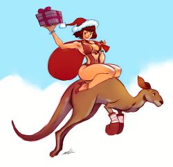 Rule 34 | 1girl, absurdres, alternate costume, anna williams, bandai namco, bangle, bare legs, bob cut, box, boxing gloves, bracelet, breasts, brown eyes, brown hair, casual one-piece swimsuit, christmas, christmas present, cloud, cloudy sky, contrapposto, eyeshadow, gift, gift bag, gift box, halterneck, hat, high heels, highleg, highleg swimsuit, highres, holding, holding gift, horseback riding, jewelry, kangaroo, large breasts, linea alba, lipstick, looking at viewer, makeup, md5 mismatch, o-ring, one-piece swimsuit, over shoulder, red bag, red footwear, red hair, resolution mismatch, riding, roger (tekken), santa hat, seeso2d, shoes, short hair, sideboob, signature, skindentation, sky, slingshot swimsuit, smile, source smaller, stomach, swimsuit, tekken, tekken tag tournament 2, thick thighs, thighs, toned, underboob, wide hips