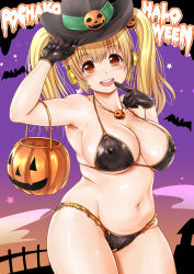 Rule 34 | 1girl, areola slip, armpits, bikini, blonde hair, blush, breasts, cleavage, covered erect nipples, finger to mouth, food-themed hair ornament, ganari ryuu, gloves, hair ornament, halloween, hat, headphones, highres, huge breasts, jack-o&#039;-lantern, large breasts, looking at viewer, navel, nitroplus, open mouth, orange eyes, plump, pumpkin, pumpkin hair ornament, short hair, sketch, smile, solo, super pochaco, swimsuit, twintails, witch hat