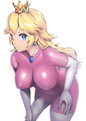 Rule 34 | 1girl, blonde hair, blue eyes, bodysuit, crown, elbow gloves, gloves, latex, latex bodysuit, long hair, looking at viewer, mario (series), nagase haruhito, nintendo, princess peach, simple background, skin tight, solo, standing, thighs, tight clothes, white background