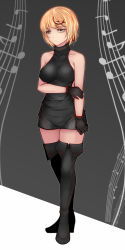 Rule 34 | 1girl, :&lt;, aoshima, arm grab, bare shoulders, beamed quavers, black footwear, black gloves, black thighhighs, blonde hair, blush, boots, breasts, clothing cutout, collarbone, crescent, crescent hair ornament, dress, frown, full body, gloves, hair ornament, highres, long hair, looking at viewer, lunasa prismriver, medium breasts, musical note, quaver, sheet music, short dress, short hair, side cutout, sleeveless, sleeveless dress, solo, staff (music), thigh boots, thighhighs, thighs, touhou, yellow eyes, zettai ryouiki