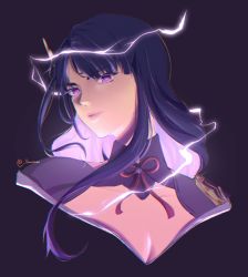 Rule 34 | 1girl, breasts, cleavage, closed mouth, commentary, electricity, english commentary, genshin impact, hair ornament, highres, japanese clothes, lemonav, long hair, looking at viewer, mole, mole under eye, purple background, purple eyes, purple hair, raiden shogun, ribbon, sidelocks, simple background, solo